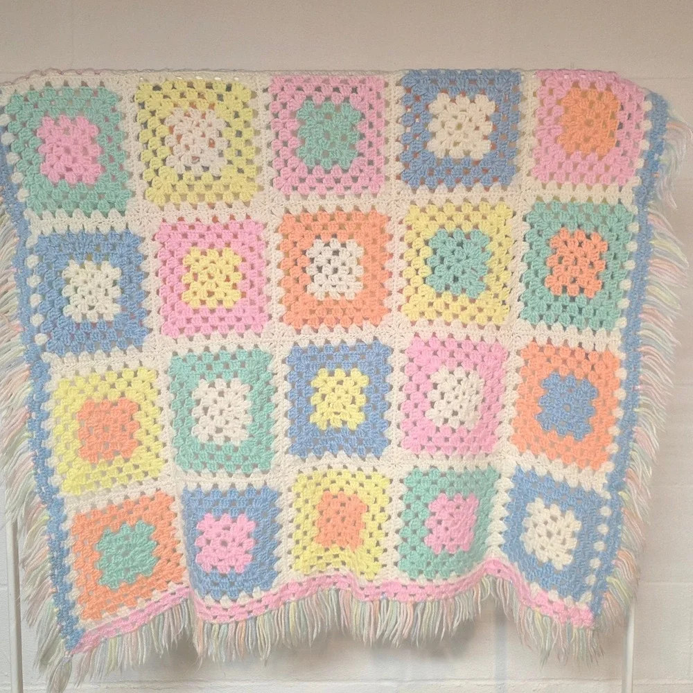 Handmade Bright Multi Color Crochet Granny Square Baby Blanket Fringed Afghan